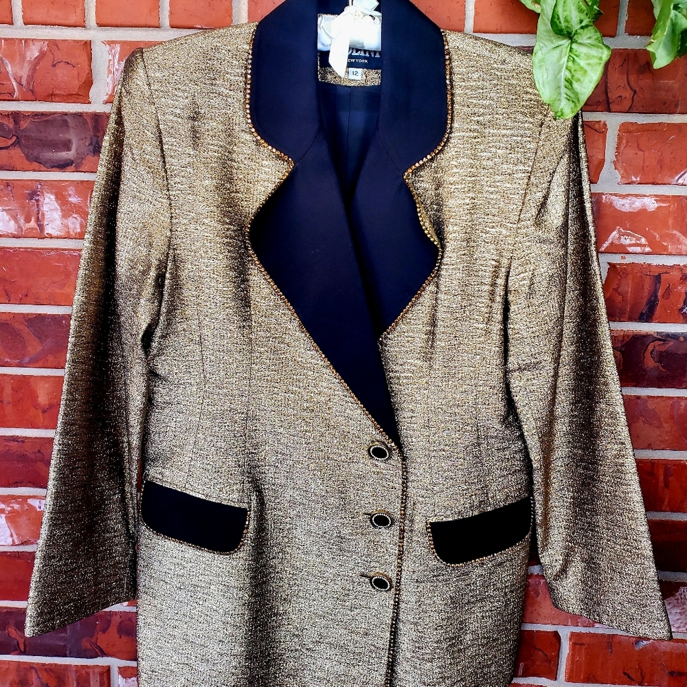 SOLINI NEW YORK Vintage Gold & Black Women's S12 Blazer Amber Colored Rhinestone